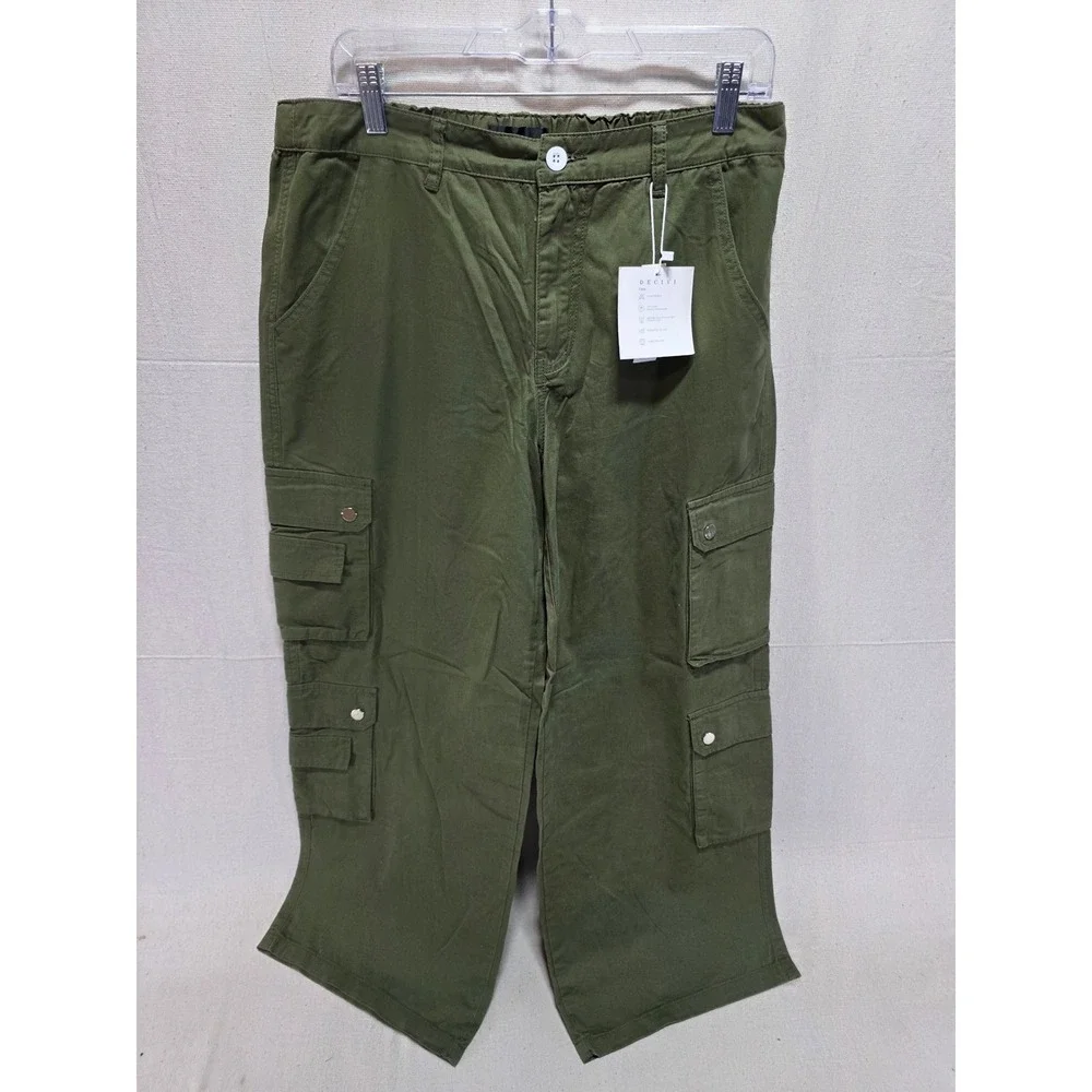 DECIVI Mens Cargo Pants Olive Green Multi Pocket Utility Streetwear Size L NWT